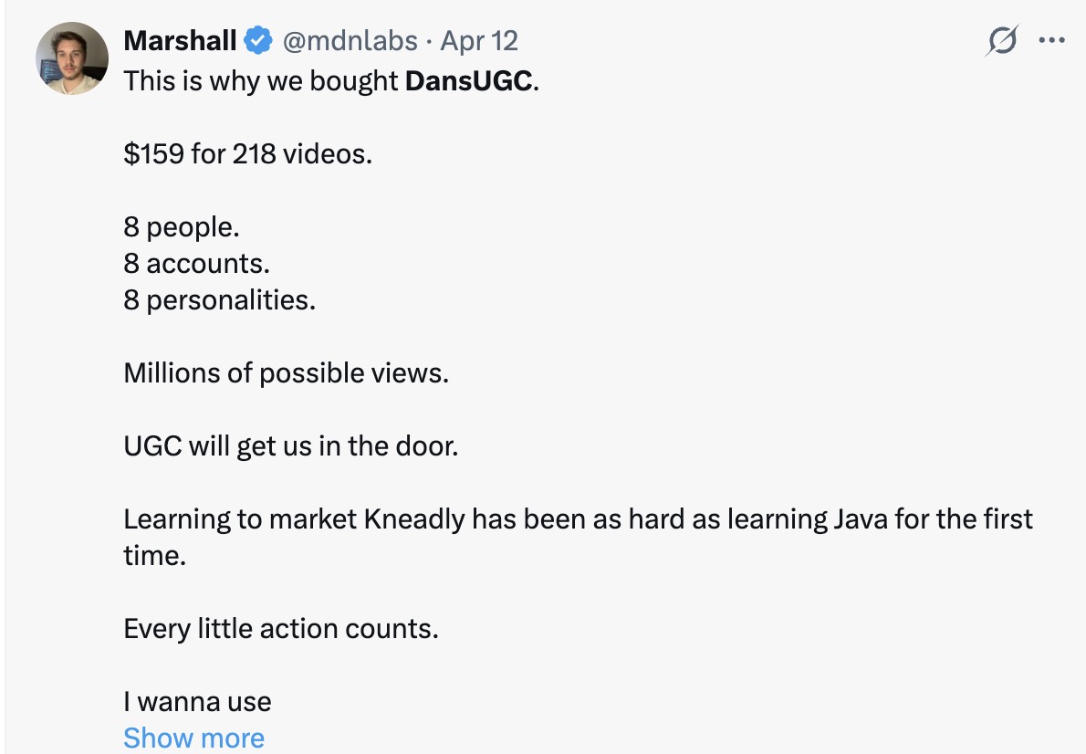 X post from @mdnlabs: “This is why we bought DansUGC. $159 for 218 videos.”